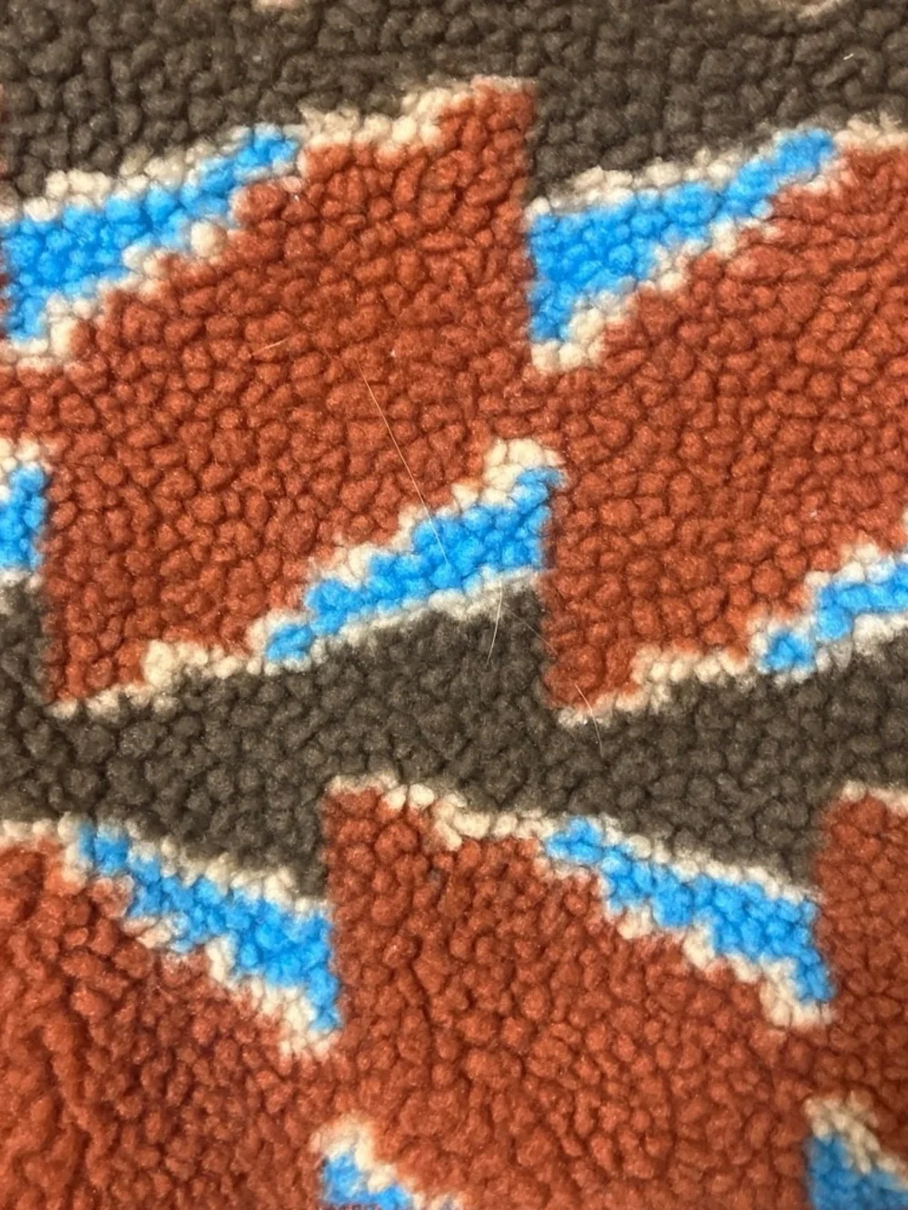Patagonia sherpa fleece jacket in bright blue and brown pattern